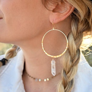 Clear Quartz Crystal Gold Hoop Earrings - Crystal Pendant - Hammered Gold Earrings - Classy Earrings - Wedding Earrings- Bridesmaid Earrings