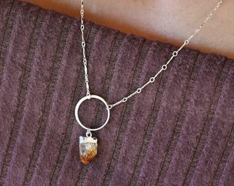 Citrine Gemstone Pendant Necklace - Sterling Silver Bar Chain