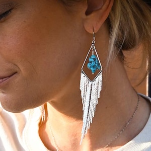 Turquoise Gemstone Silver Fringe Earrings – Boho Dangle Earrings