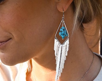 Turquoise Gemstone Silver Fringe Earrings – Boho Dangle Earrings