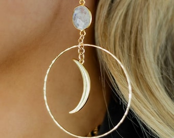 Moonstone Crescent Moon Gold Hoop Earrings – Boho Celestial Gemstone Jewelry