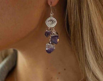Amethyst Gemstone Silver Evil Eye Dangle Earrings – Boho Earrings