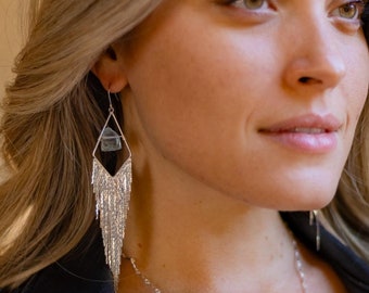 Raw Aquamarine Silver Fringe Earrings – Boho Crystal Dangle Earrings