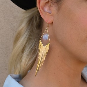 Raw Aquamarine Gold Fringe Earrings - Crystal Statement Earrings - Tassel Earrings - Boho Dangle Earrings-Bridal Earrings-Gemstone Earrings