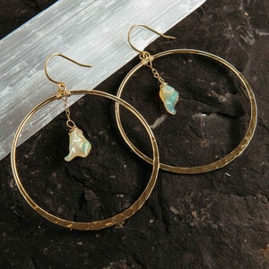Opal Gold Hoop Earrings Raw Opal Pendant Gold Chain Earrings Hammered Hoop Earrings Cute Earrings Bridal Earrings-Wedding Earrings image 3