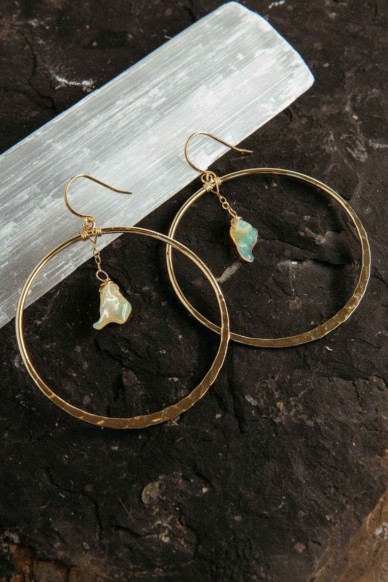 Opal Gold Hoop Earrings Raw Opal Pendant Gold Chain Earrings Hammered Hoop Earrings Cute Earrings Bridal Earrings-Wedding Earrings image 3