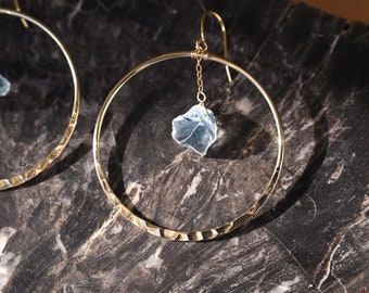 Aquamarine Crystal Gold Hoop Earrings - Dangle Gemstone Earrings - Handmade Jewelry - Raw Aquamarine Pendant - Aquamarine Crystal Jewelry