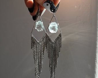 Raw Aquamarine Silver Fringe Earrings - Crystal Statement Earrings - Tassel Earrings-Boho Dangle Earrings-Bridal Earrings-Gemstone Earrings