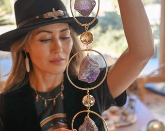 Amethyst Quartz & Lepidolite Gemstone Prism Suncatcher – Boho Crystal Home Decor Hanging