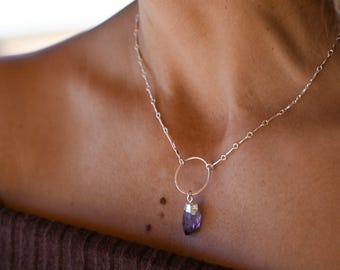 Amethyst Gemstone Pendant Necklace - Sterling Silver Bar Chain
