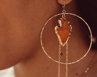 Carnelian Arrowhead Gold Chain Hoop Earrings – Handmade Boho Jewelry