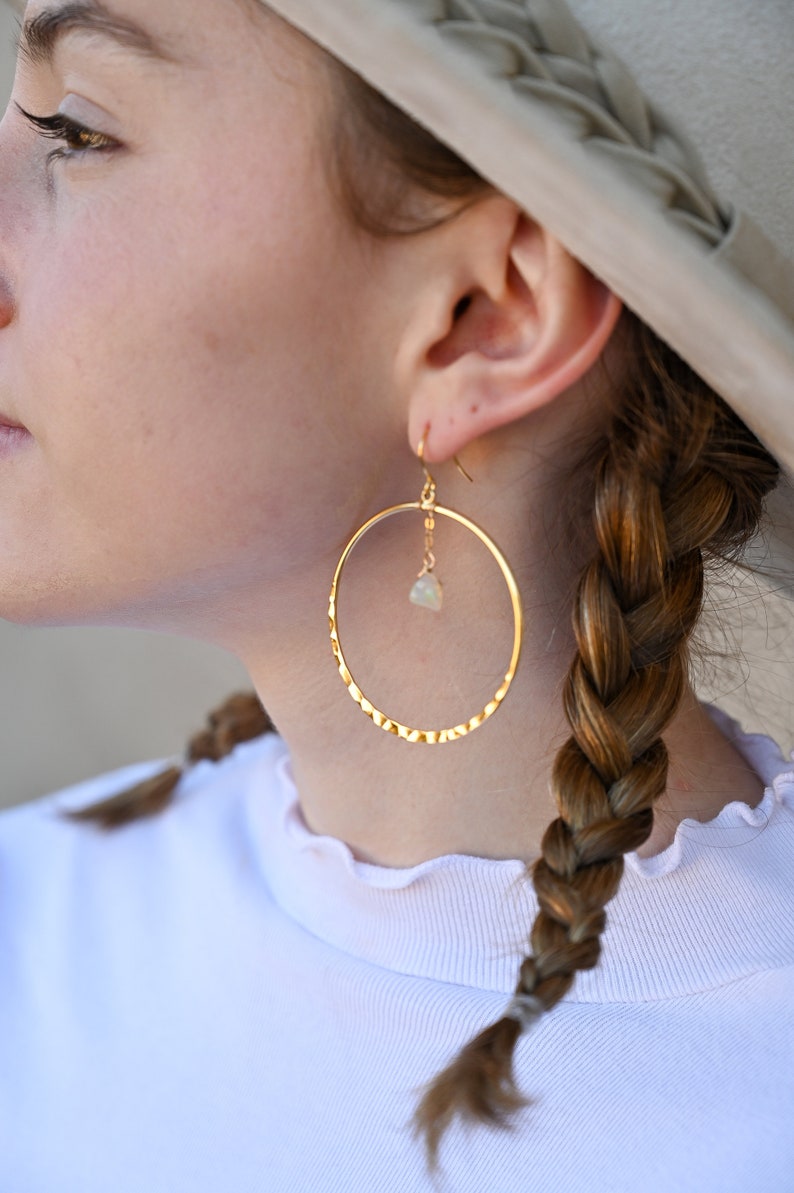 Opal Gold Hoop Earrings Raw Opal Pendant Gold Chain Earrings Hammered Hoop Earrings Cute Earrings Bridal Earrings-Wedding Earrings image 8