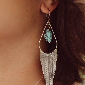 Turquoise Crystal Statement Silver Fringe Earrings Dangle Earrings Bridal Earrings-Wedding Earrings-Unique Earrings-Boho Earrings image 3