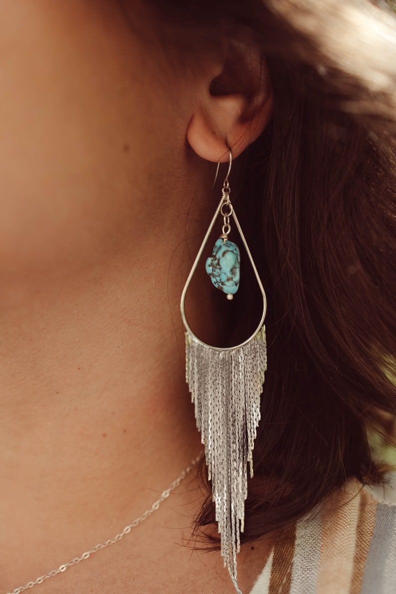 Turquoise Crystal Statement Silver Fringe Earrings Dangle Earrings Bridal Earrings-Wedding Earrings-Unique Earrings-Boho Earrings image 3