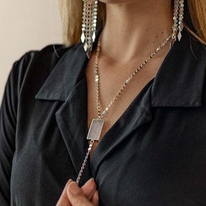 Selenite Crystal Sterling Silver Lariat Necklace - Lariat Necklaces For Women-Long Pendant Necklace-Statement Necklace-Sterling Silver Chain