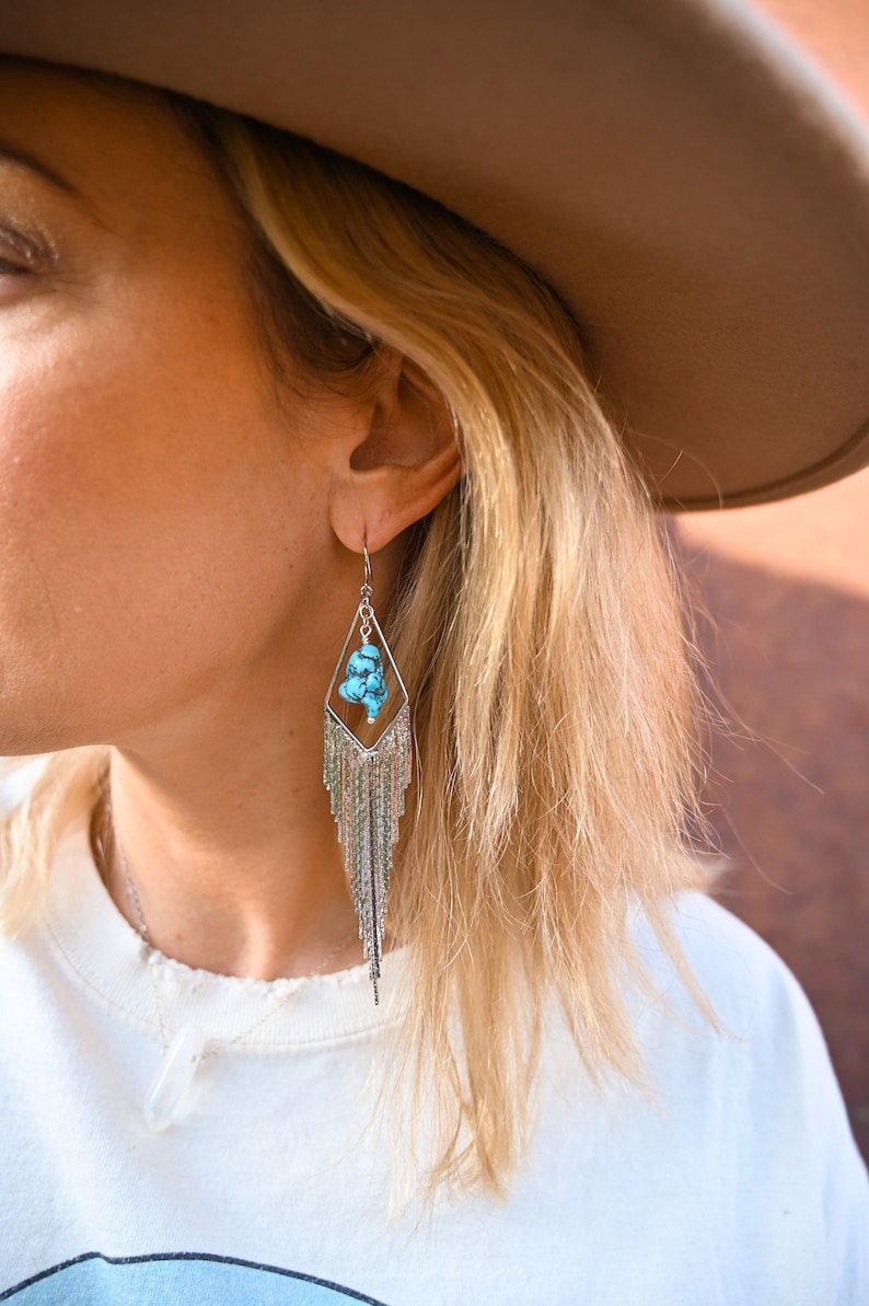 Turquoise Gemstone Silver Dangle Earrings Boho Tassel Earrings Statement Earrings Bridal Earrings Handmade Earrings For Women image 9