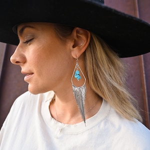 Turquoise Crystal Statement Silver Fringe Earrings Dangle Earrings Bridal Earrings-Wedding Earrings-Unique Earrings-Boho Earrings image 10