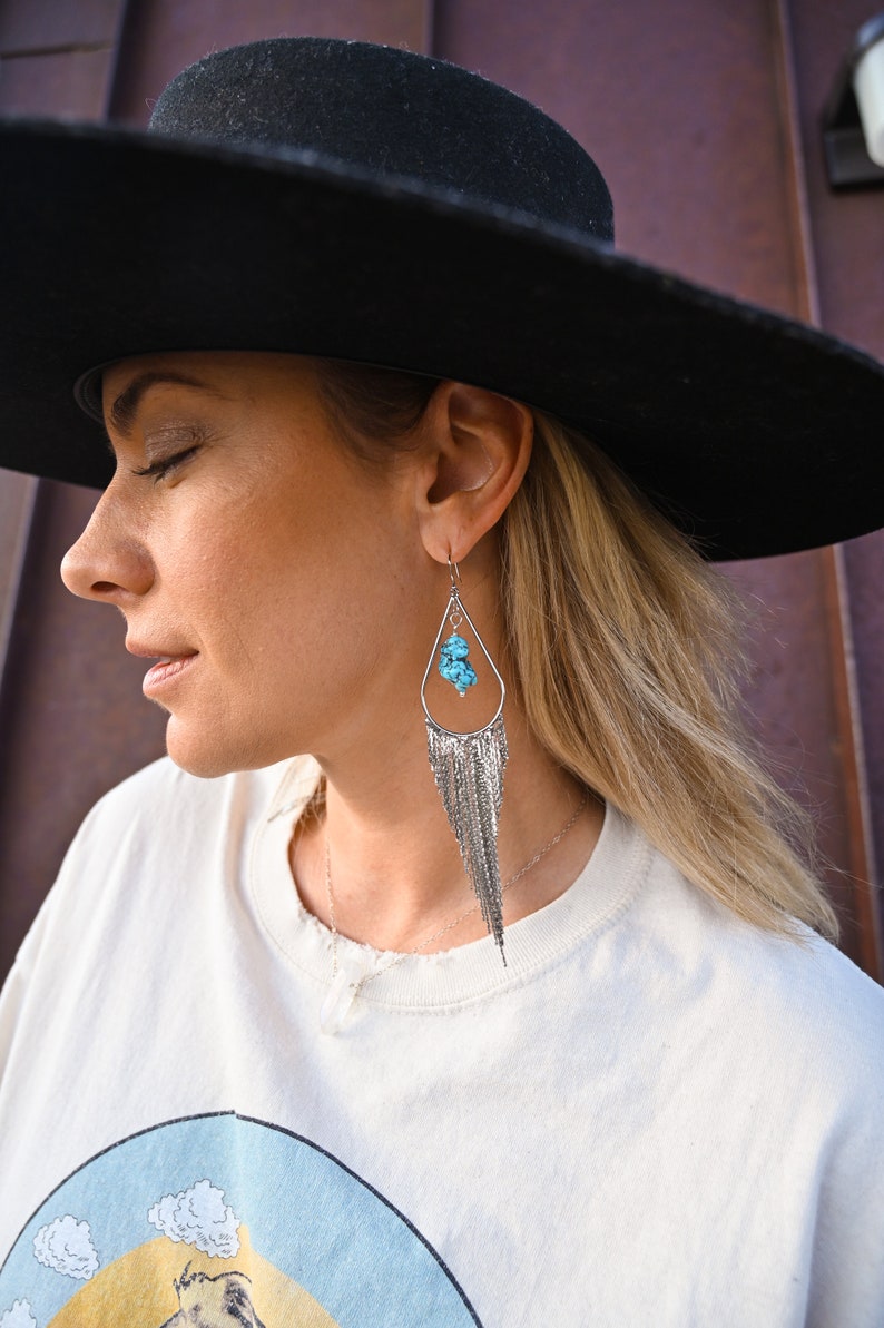 Turquoise Crystal Statement Silver Fringe Earrings Dangle Earrings Bridal Earrings-Wedding Earrings-Unique Earrings-Boho Earrings image 10