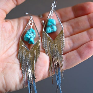 Turquoise Gemstone Silver Dangle Earrings Boho Tassel Earrings Statement Earrings Bridal Earrings Handmade Earrings For Women image 5