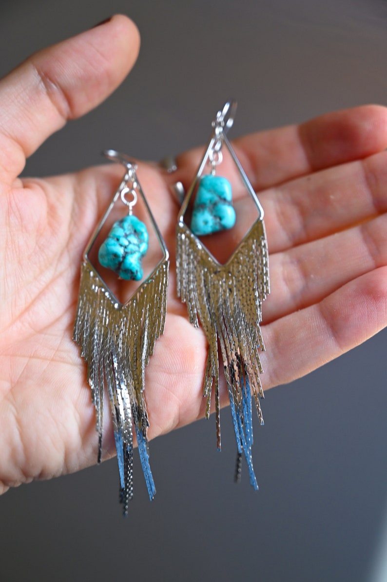 Turquoise Gemstone Silver Dangle Earrings Boho Tassel Earrings Statement Earrings Bridal Earrings Handmade Earrings For Women image 7