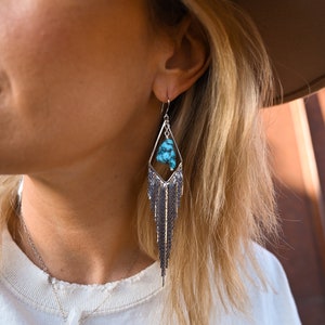 Turquoise Gemstone Silver Dangle Earrings Boho Tassel Earrings Statement Earrings Bridal Earrings Handmade Earrings For Women image 9