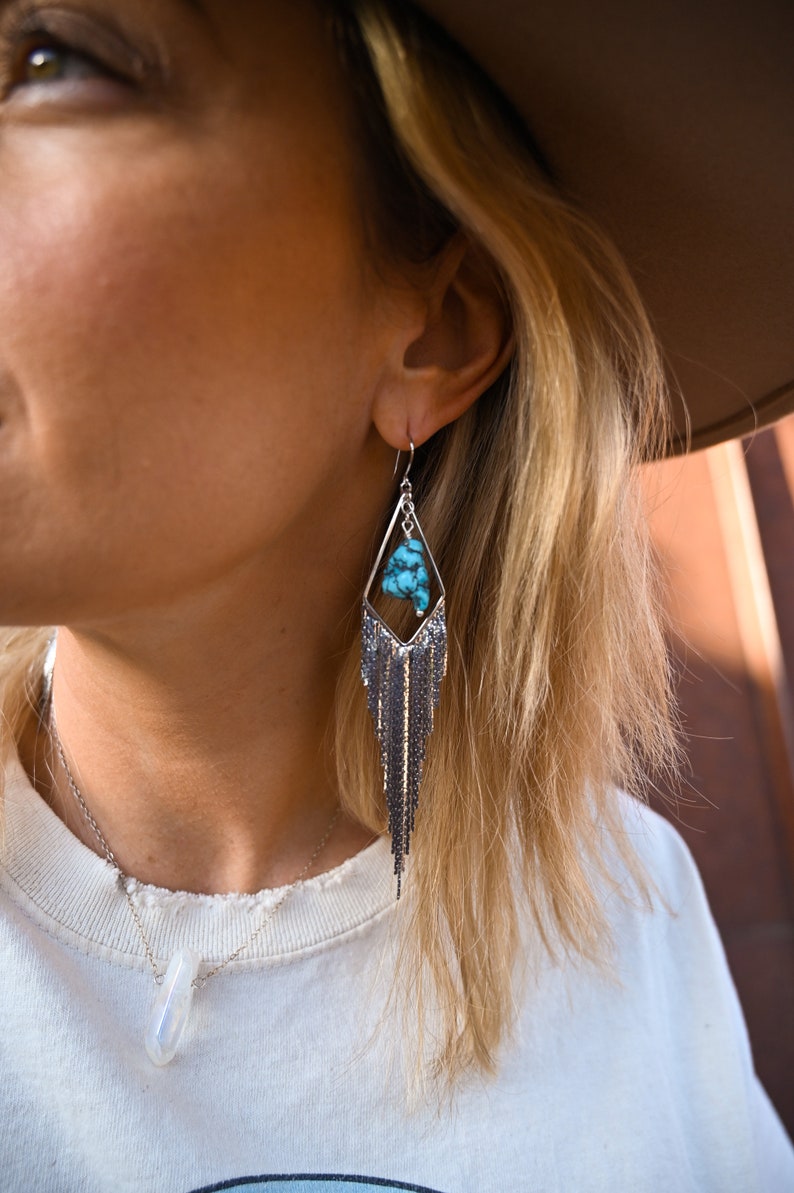 Turquoise Gemstone Silver Dangle Earrings Boho Tassel Earrings Statement Earrings Bridal Earrings Handmade Earrings For Women image 10