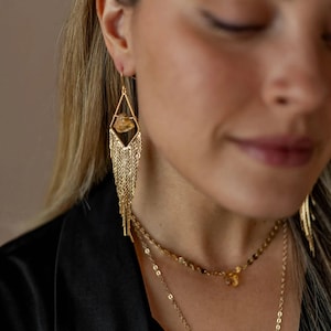 Raw Citrine Gold Fringe Statement Earring - Crystal Extra Long Tassel Earrings - Citrine Gold Earrings - Gift For Her - Boho Dangle Earring