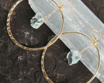 Gold Hammered Hoop Earrings with Raw Aquamarine Crystal