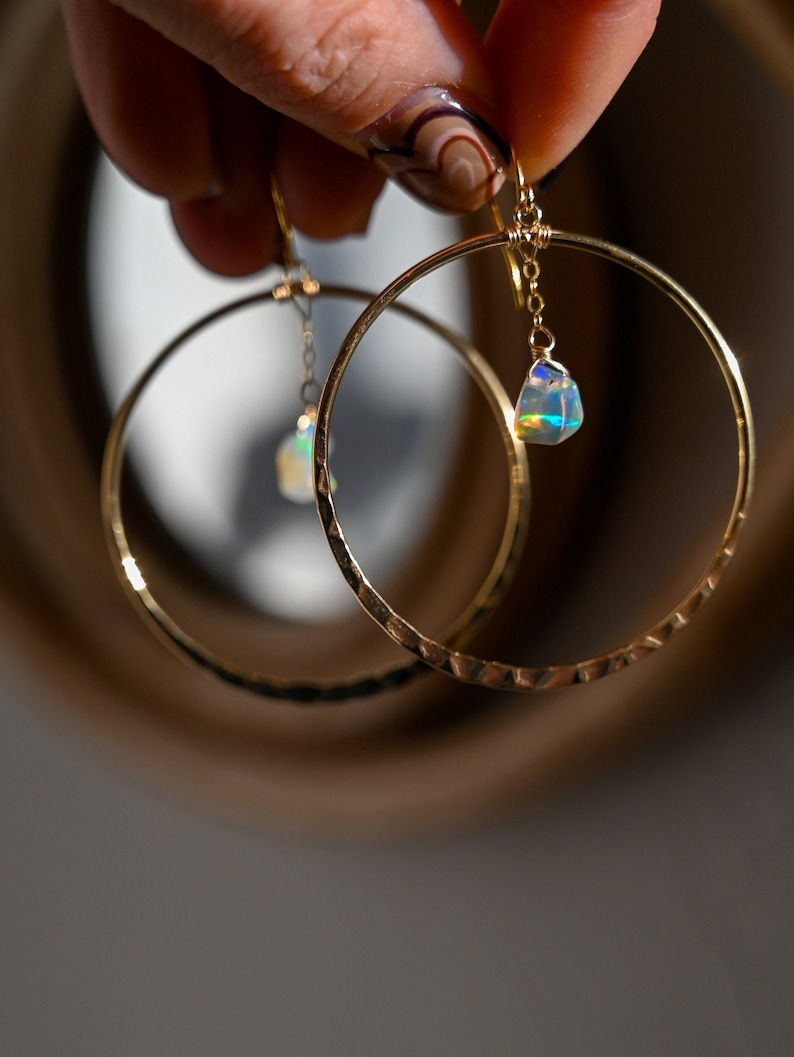 Opal Gold Hoop Earrings Raw Opal Pendant Gold Chain Earrings Hammered Hoop Earrings Cute Earrings Bridal Earrings-Wedding Earrings image 1