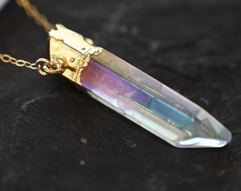 Aura Quartz Quartz Gold Necklace - Gold Filled Necklace - Crystal Pendant -Healing Crystal Jewelry - Statement Necklace - Boho Necklace