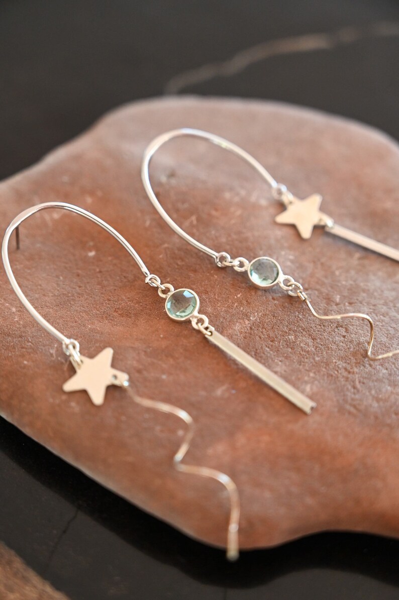 Aquamarine Silver Dangle Earrings Boho Earrings Bridal Earrings Handmade Earrings For Women Birthstone Jewelry Star Earrings image 4