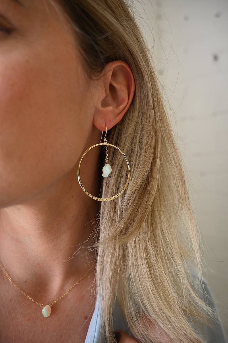 Opal Gold Hoop Earrings Raw Opal Pendant Gold Chain Earrings Hammered Hoop Earrings Cute Earrings Bridal Earrings-Wedding Earrings image 2