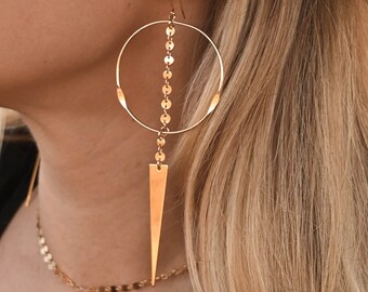 Gold Hoop Dangle Earrings – Spike & Coin Chain, Handmade Statement Jewelry
