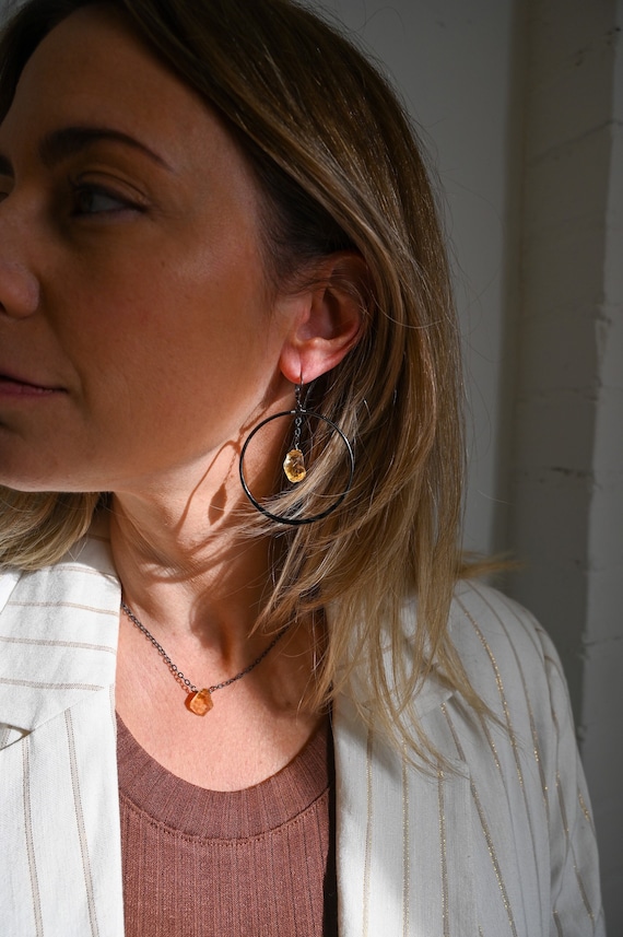 Raw Citrine Necklace and Hoop Earring Set, Sterling Silver, Boho Gemstone Jewelry