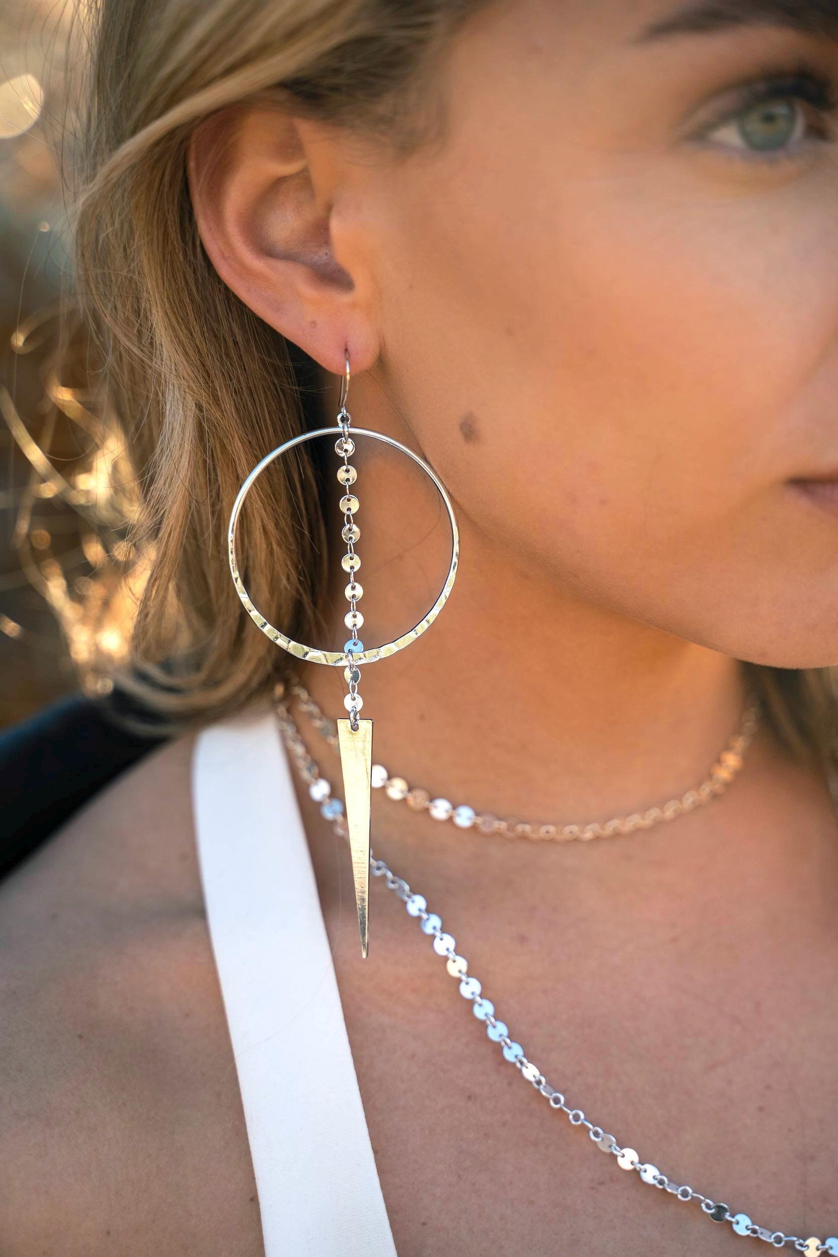 Silver Hoop Geometric Earrings - Boho Dangle Earrings - Statement Earrings - Chain Earrings - Unique Gifts For Her - Boho Jewelry
