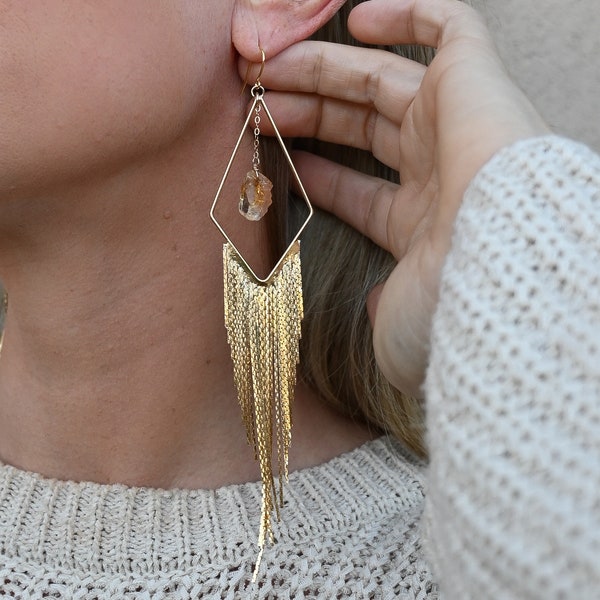 Raw Citrine Crystal Gold Fringe Statement Earring-Long Tassel Statement Earrings-Citrine Gold Earrings-Boho Dangle Earrings-Bridal Earrings