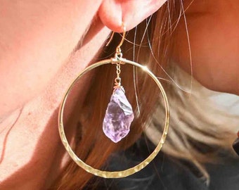 Raw Amethyst Crystal Gold Hoop Earrings – Handmade Gemstone Jewelry