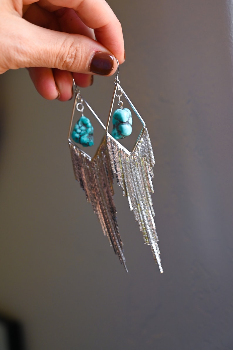 Turquoise Gemstone Silver Dangle Earrings Boho Tassel Earrings Statement Earrings Bridal Earrings Handmade Earrings For Women image 2