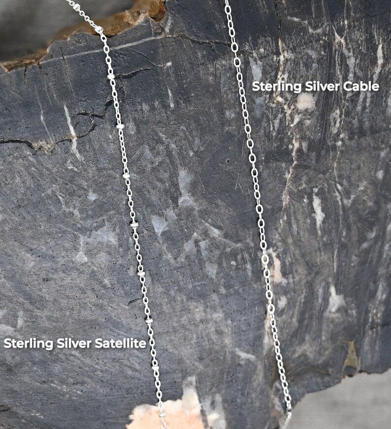 May include: Two sterling silver chains on a gray textured background. The chain on the left is a satellite chain and the chain on the right is a cable chain. The text "Sterling Silver Satellite" is below the left chain and the text "Sterling Silver Cable" is above the right chain.