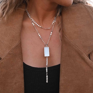 Selenite Crystal Sterling Silver Lariat Necklace - Lariat Necklaces For Women-Long Pendant Necklace-Statement Necklace-Sterling Silver Chain