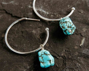 Turquoise Gemstone Silver Hoop Earrings - Small Boho Earrings-Unique Wedding Earrings-Cute Boho Earrings-Handmade Bridesmaid Earrings
