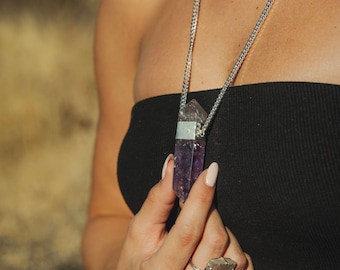Amethyst Crystal Pendant Silver Necklace - Statement Necklace-Birthstone Necklace-Long Silver Necklace-Amethyst Gemstone Curb Chain Necklace