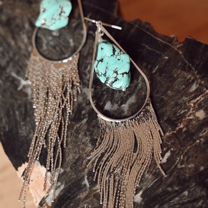 Turquoise Crystal Statement Silver Fringe Earrings Dangle Earrings Bridal Earrings-Wedding Earrings-Unique Earrings-Boho Earrings image 7