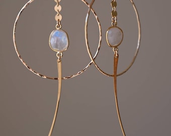 Moonstone Crystal Gold Hoop Earrings - Statement Earrings - Moonstone Jewelry - Bridal Earrings - Dangle Earrings - Wedding Earrings
