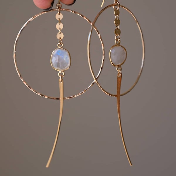 Moonstone Crystal Gold Hoop Earrings - Statement Earrings - Moonstone Jewelry - Bridal Earrings - Dangle Earrings - Wedding Earrings