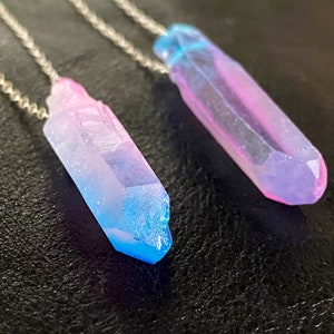 Aura Quartz - Sterling Silver Necklace - Pink Stone Jewelry - Blue Crystal - Silver Layered Necklace - Gemstone Necklace - Colorful Necklace