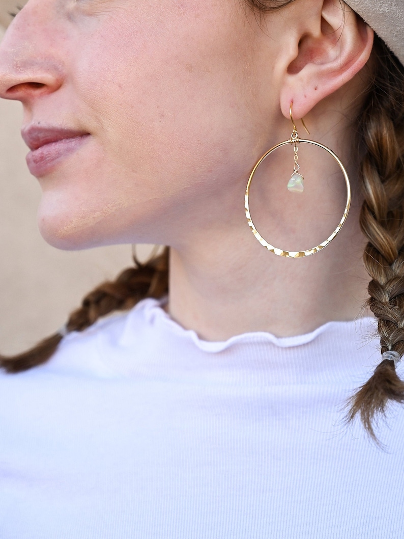 Opal Gold Hoop Earrings Raw Opal Pendant Gold Chain Earrings Hammered Hoop Earrings Cute Earrings Bridal Earrings-Wedding Earrings image 10