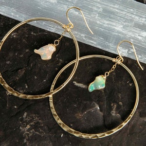 Opal Gold Hoop Earrings Raw Opal Pendant Gold Chain Earrings Hammered Hoop Earrings Cute Earrings Bridal Earrings-Wedding Earrings image 5