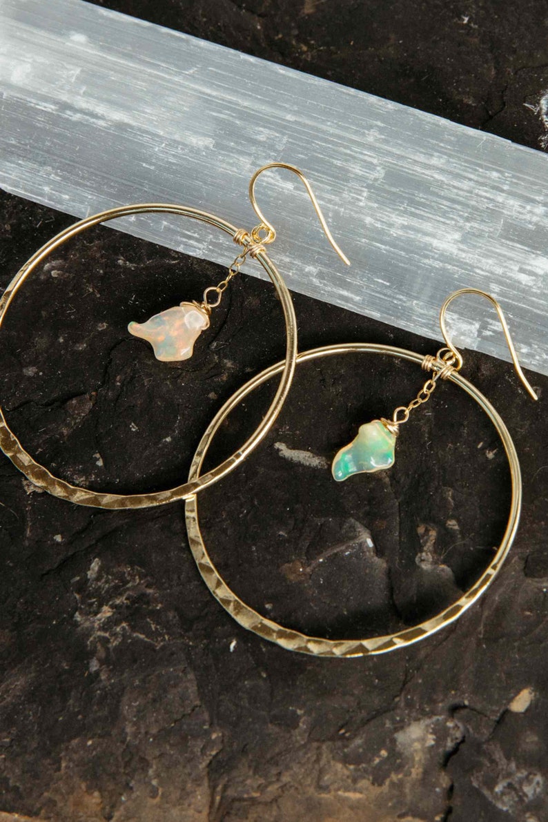 Opal Gold Hoop Earrings Raw Opal Pendant Gold Chain Earrings Hammered Hoop Earrings Cute Earrings Bridal Earrings-Wedding Earrings image 5