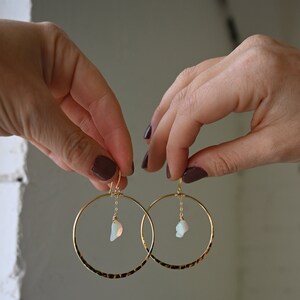 Opal Gold Hoop Earrings Raw Opal Pendant Gold Chain Earrings Hammered Hoop Earrings Cute Earrings Bridal Earrings-Wedding Earrings image 7